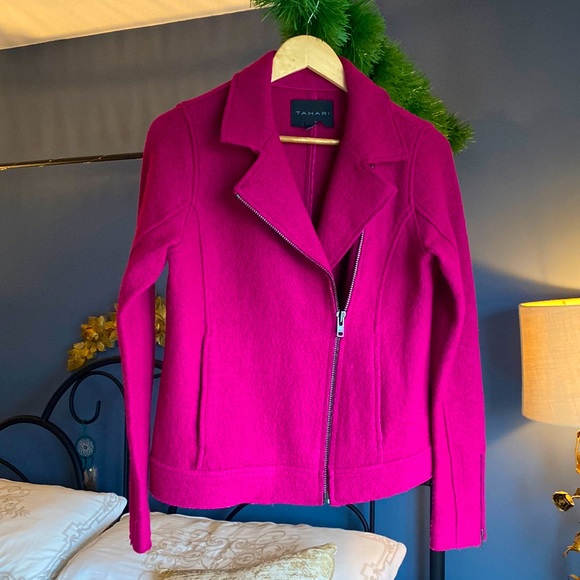 Tahari Fuchsia Dark Pink Motorcycle Bomber Jacket - Picture 5 of 10